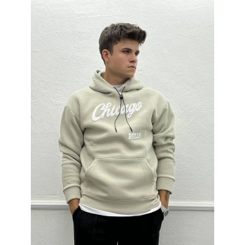 Erkek Owesize İçi Şardonlu Önü Chicago Baskılı Sweatshirt - Taş