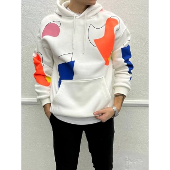 Kapüşonlu Renkli İç Kısmı Şardonlu Oversize Sweatshirt - Beyaz