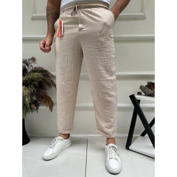 Erkek Beli Lastikli Keten Joger Pantolon - Bej