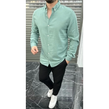 Erkek Dar Kesim Ham Keten Gömlek- SuYeşili