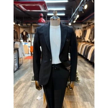 Erkek Dar Kesim Krınkıl Kumaş Spor Takım Elbise - Siyah