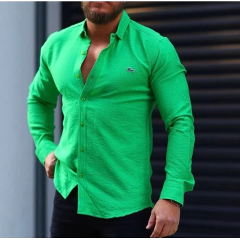 Erkek Dar Kesim Marka Keten Gömlek-Yeşil