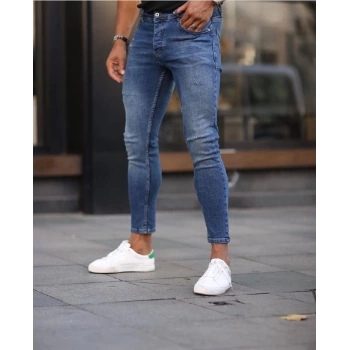 Erkek Dar Kesim Silim fit Likralı Yıpratmalı Kot Pantolon- Mavi