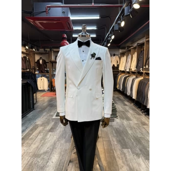 Erkek Dar Kesim Slimfit Kruvaze Damatlık Takım Elbise-Beyaz-Beyaz