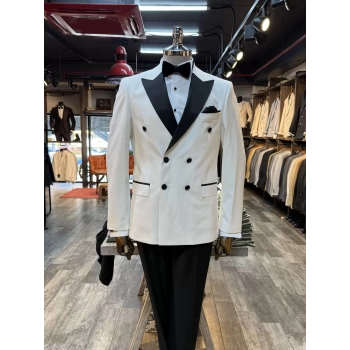 Erkek Dar Kesim Slimfit Kruvaze Damatlık Takım Elbise-Beyaz-Siyah