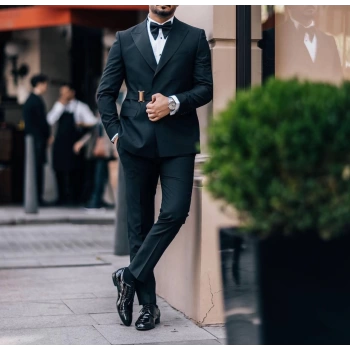 Erkek Dar Kesim Slimfit Kruvaze Damatlık Takım Elbise-Siyah