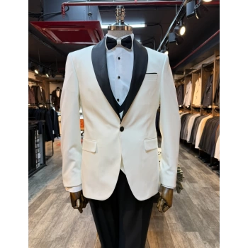 Erkek Dar Kesim Slimfit Şal Yaka Damatlık Takım Elbise-Beyaz