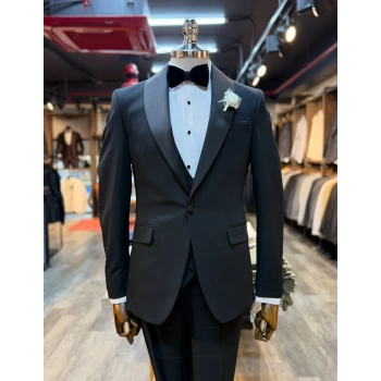 Erkek Dar Kesim Slimfit Şal Yaka Damatlık Takım Elbise-Siyah