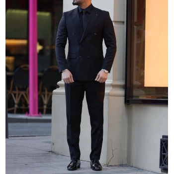 Erkek Dar Kesim Slimfit Yelekli Kırlangıç Yaka Takım Elbise-Siyah