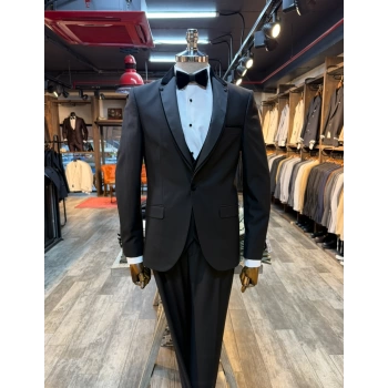 Erkek Dar Kesim Slimfit Yelekli Yakası Çıkabilen Damatlık Takım Elbise-Siyah