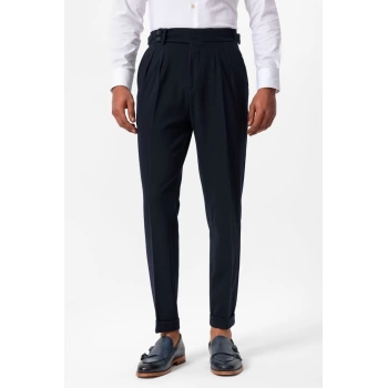 Erkek Örme Kumaş Yüksek Bel Pileli Tokalı Pantolon- Lacivert