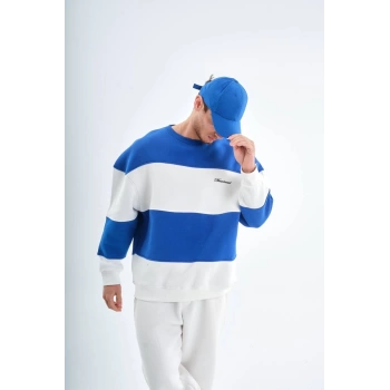 Erkek Owersize Kalıp İçi Şardonlu Çizgili Sweatshirt -Mavi