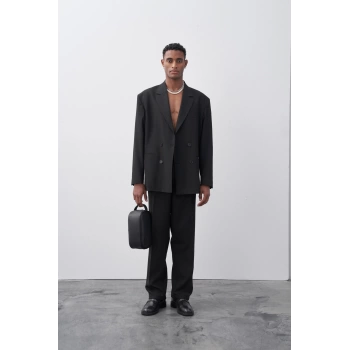Erkek Owersıze Kruvaze Takım Elbise-Siyah