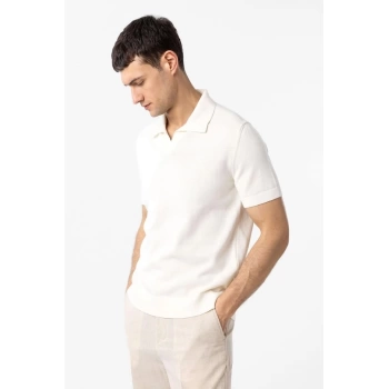 Erkek Polo Yaka Örme Kumaş Triko Thişört-Ecru