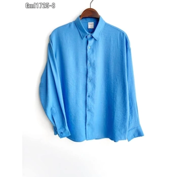 Erkek Rahat Kalıp Keten Uzun Kol Gömlek - Mavi