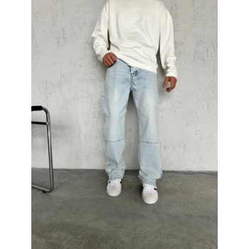 Erkek Rahat Kalıp Taşlamalı Kar Yıkamalı Baggy Kot Pantolon - A Mavi