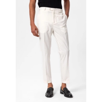 Erkek Yanı Tokalı Double Paça Kumaş Pantolon- Beyaz