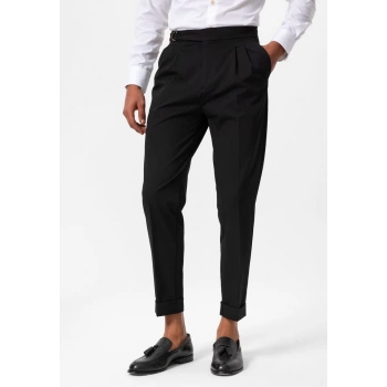 Erkek Yüksek Bel Pileli Tokalı Kumaş Pantolon- Siyah