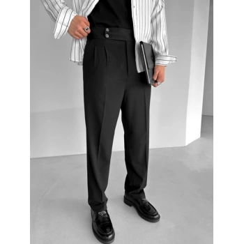 Erkek Yüksek Bel Rahat Kesim Pileli Pantolon-Siyah