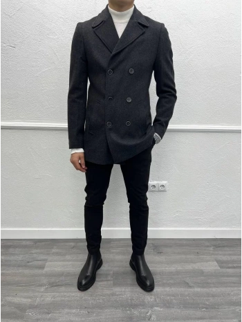 Erkek Dar Kesim Desenli Kruvaze Kaşe Kaban - Siyah