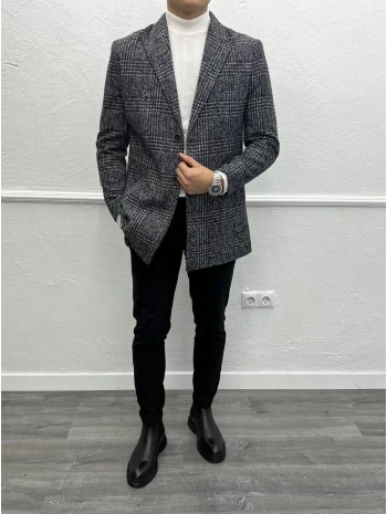 Erkek Dar Kesim İki Düğme Ekose Kaşe Kaban - Gri