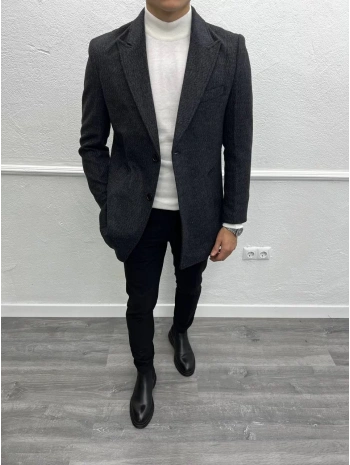 Erkek Dar Kesim İki Düğme Yün Kaşe Kaban -Siyah