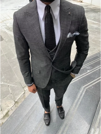 Erkek Dar Kesim Kendinden Desenli Yelekli Takım Elbise-Füme