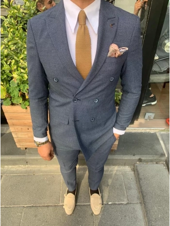 Erkek Dar Kesim Silimfit Kruvaze Takım Elbise-Lacivert