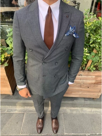 Erkek Dar Kesim Silimfit Kruvaze Takım Elbise-Siyah