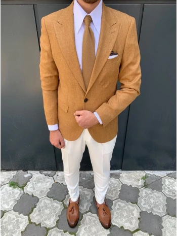 Erkek Dar Kesim Slimfit Tek Ceket - Hardal Sarısı