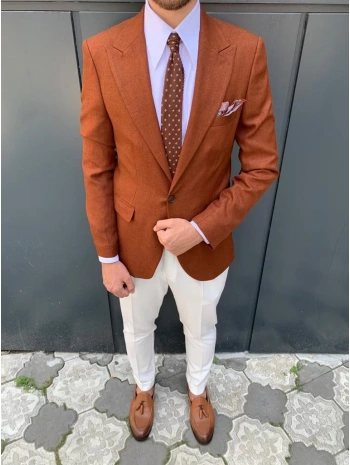 Erkek Dar Kesim Slimfit Tek Ceket - Kiremit