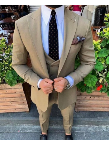 Erkek Dar Kesim Yelekli Takım Elbise - Camel