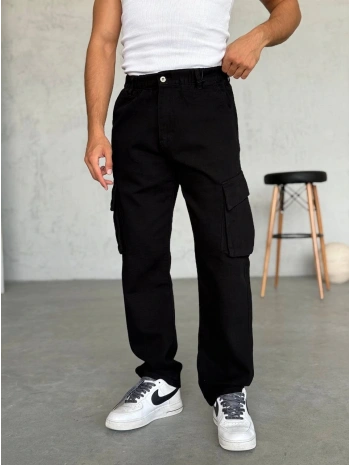 Erkek Bagy Kalıp Cepli Kargo Pantolon -Siyah