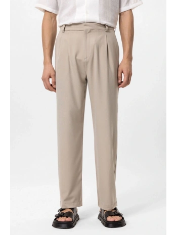 Erkek Bagy Kalıp Pileli Kumaş Pantolon -Krem