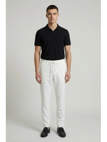 Erkek Beli Lastikli Likralı Joger Pantolon-Beyaz