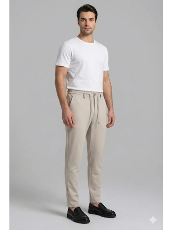 Erkek Beli Lastikli Likralı Joger Pantolon-Krem