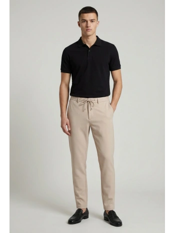 Erkek Beli Lastikli Likralı Joger Pantolon-Krem