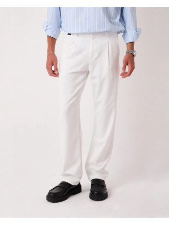 Erkek Beli Lastikli Likralı Kumaş Bagy Pantolon- Beyaz