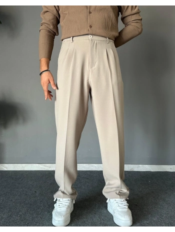 Erkek Beli Lastikli Likralı Kumaş Bagy Pantolon-Krem
