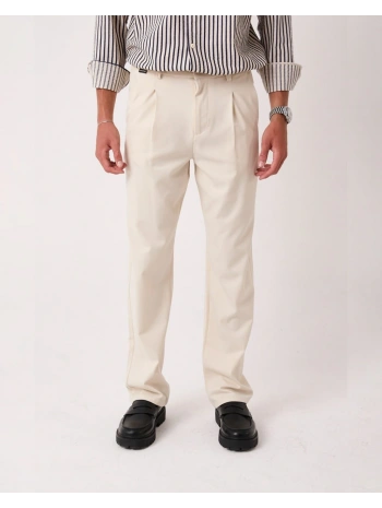 Erkek Beli Lastikli Likralı Kumaş Bagy Pantolon- Krem