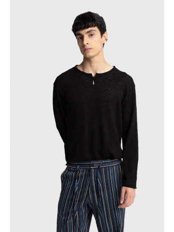 Erkek Bisiklet Yaka İnce Uzun Kol Swethsört- Siyah