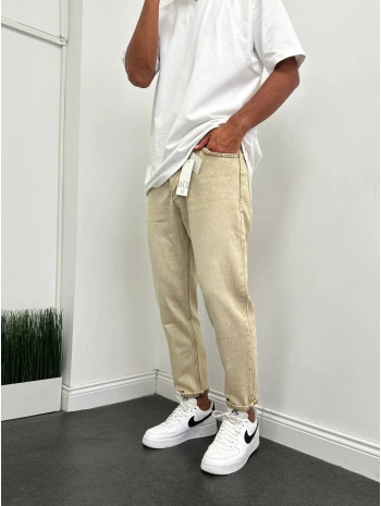 Erkek Boy Frend Likrasız Kot Pantolon- Krem