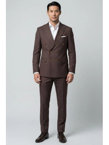 Erkek Dar Kesim Çizgili Kruvaze Takım Elbise -Kahverengi