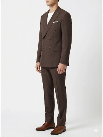 Erkek Dar Kesim Çizgili Kruvaze Takım Elbise -Kahverengi