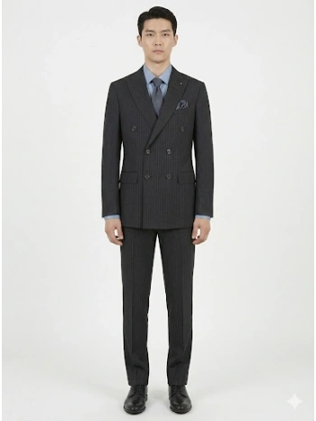 Erkek Dar Kesim Çizgili Kruvaze Takım Elbise -Lacivert