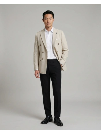 Erkek Dar Kesim Çizgili Kruvaze Tek Ceket -Krem