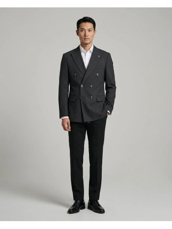 Erkek Dar Kesim Çizgili Kruvaze Tek Ceket -Lacivert