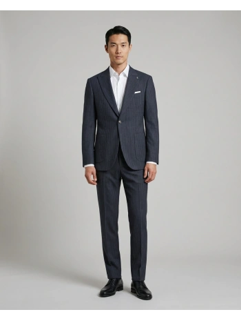 Erkek Dar Kesim Gofre Kumaş Çizgili Takım Elbise -Lacivert