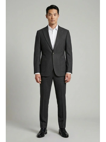 Erkek Dar Kesim Gofre Kumaş Çizgili Takım Elbise -Siyah