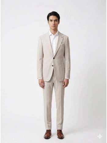 Erkek Dar Kesim Gofre Kumaş Çizgili Takım Elbise -Taş